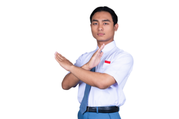 Indonesian Male High School Student in Uniform Showing Cross Sign Saying No Isolated Transparent