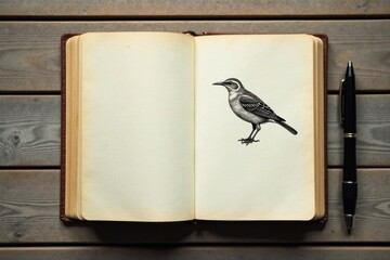 A Vintage Book Open to a Pen-and-Ink Bird Illustration, Beside a Classic Pen on a Rustic Wooden Surface