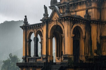 Obraz premium Neo-Gothic architecture detail in heavy rain, featuring sandstone arches, weathered statues, and dramatic mood, in vertical composition