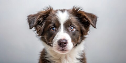 A playful border collie puppy with a curious gaze, looking at the camera with big brown eyes, showing its friendly and energetic personality , curious puppy, border collie
