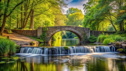 stone bridge over a calm river with a waterfall surrounded by trees, serene landscape