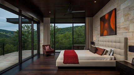 Modern bedroom with panoramic mountain view, hardwood floors, and stone wall.
