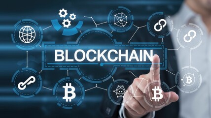 Man is touching a digital screen with blockchain graphics