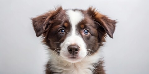 A small border collie puppy looks up at the camera with big brown eyes full of curiosity and wonder, its fur fluffed up in a cute way , puppy, animal behavior