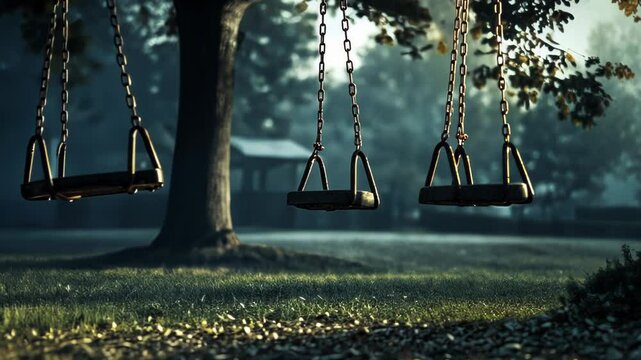 A serene playground scene with empty swings under a tree in soft morning light.