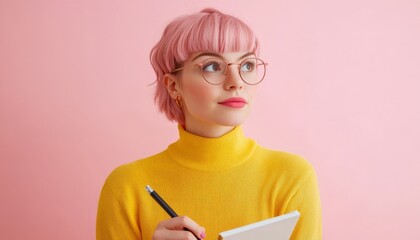 Young woman with pink hair and glasses thinking while holding a notebook