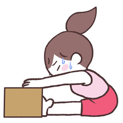 箱あり長座体前屈する体のかたい女性イラスト