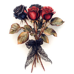 Gothic Bouquet of Dark Red and Black Roses with Black Lace Bow