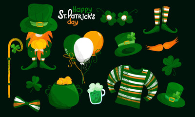 St. Patrick's Day set with leprechaun, shamrocks, gold coins, green hats, striped socks, and balloons. Colorful holiday elements on a dark background