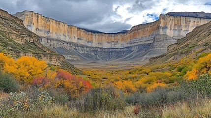 Autumn landscape view of colorful valley and majestic cliffs in nature scenic photography outdoor adventure