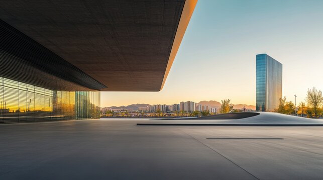 A sleek vehicle plaza with an ultra-modern skyline under soft morning light. Featuring simplicity and versatility