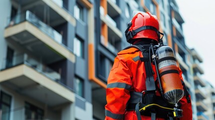 Firefighter in Safety Gear Overlooking Modern Apartment Complex