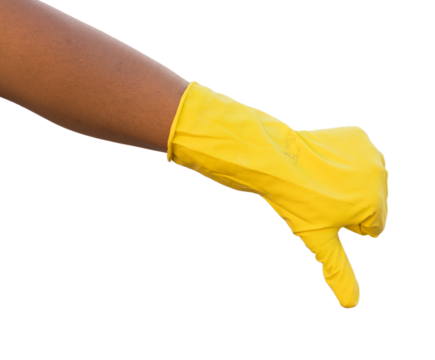 hand with yellow rubber gloves, for cleaning, making negative sign - transparency png