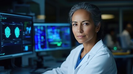 Confident Female Scientist Analyzing Data in Advanced Laboratory Environment