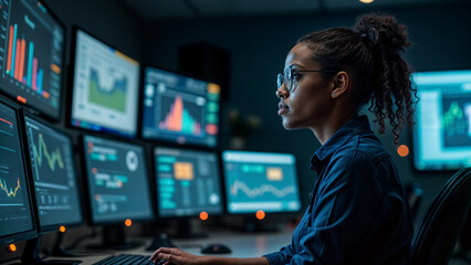 Young Black Female Working In Computer Room With Multiple Monitors and Data Graphs