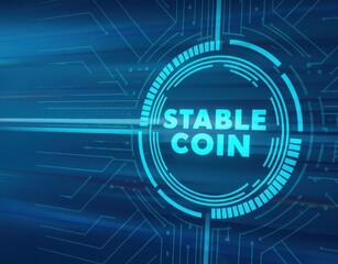 Obraz premium Digital graphic showcasing stable coin technology on a blue background