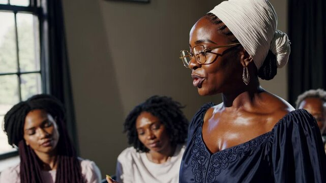 A woman in a headscarf and glasses speaks confidently in a classroom setting. The video captures her from a side angle, highlighting her poise and expression.