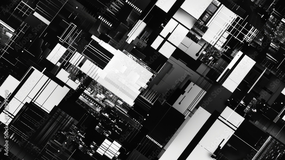 Poster The abstract picture of glitch circuit in square shape sketched by black color use shading to express software effect and algorithm graphic of digital chip through modern and electronic style. AIG53.