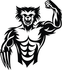 Muscular anthropomorphic wolverine with a fierce expression silhouette and line art vector illustration, Modern and premium quality muscular anthropomorphic wolverine with a fierce expression vector
