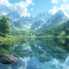 Fototapeta premium A serene mountain landscape featuring majestic peaks reflected in a calm lake. Lush green forests surround the water, creating a tranquil and picturesque natural scene.
