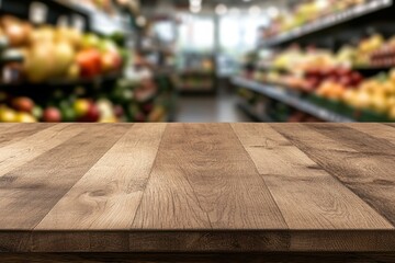 ustic Product Showcase: An empty wooden table, smooth and simple, against a blurred backdrop of fresh produce in a vibrant supermarket aisle. 