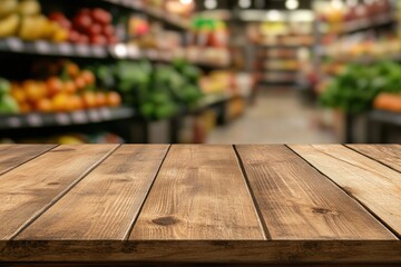 ustic Product Showcase: An empty wooden table, smooth and simple, against a blurred backdrop of fresh produce in a vibrant supermarket aisle.