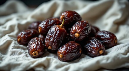 Obraz premium A close-up of dark brown dates on folded white linen, with dramatic lighting highlighting their shine and texture.