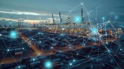 Smart Port with Connected Shipping Containers and Cranes at Dusk