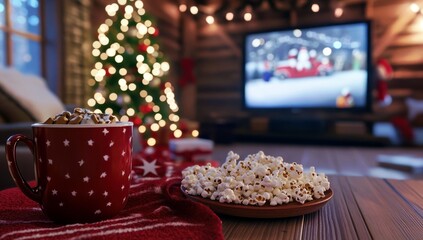 Cozy Winter Evening with Bowl of Popcorn, Mug of Hot Beverage, and Christmas Tree with Lights, Perfect for Holiday Movie Nights at Home