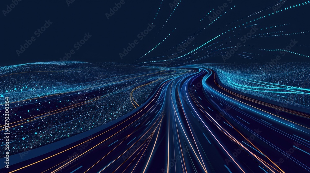Poster a captivating abstract image of a highway data pattern featuring a dark blue background, illuminated