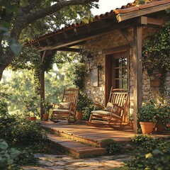 Obraz premium A serene outdoor setting featuring a wooden porch with rocking chairs surrounded by lush greenery, perfect for relaxation and enjoying nature on a warm sunny day.