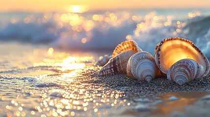 Seashells glimmering on shore beach sunset nature photography tranquil environment close-up view serene concept