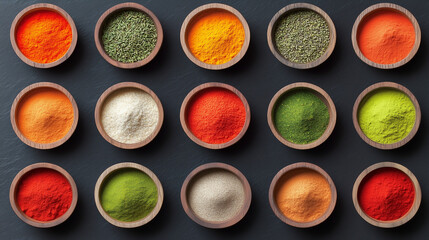 Rustic wooden bowls with colorful spices, culinary ingredients arrangement on dark background