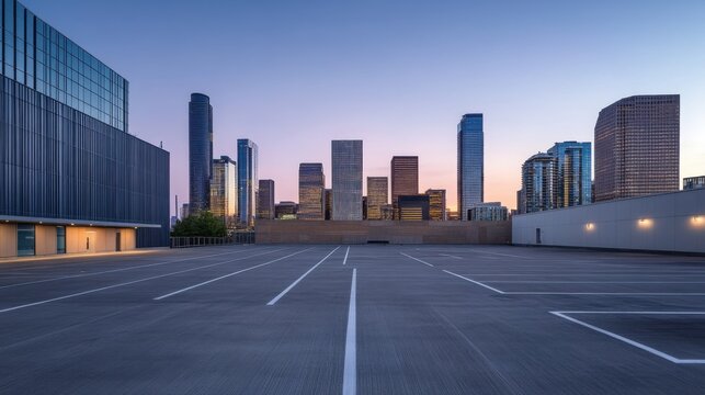 A spacious car plaza with a city skyline at dusk. Featuring tranquility and modernity