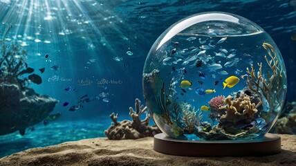 A Glass Globe with a dynamic underwater scene displays a variety of marine biota, with a message about the importance of clean water for the ecosystem on a screen behind the water. world water day con
