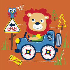 Playful cartoon lion driving a blue car on a road to the city with a traffic sign and an owl. Children's transportation adventure concept
