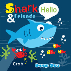 Playful cartoon shark swimming in the deep sea with colorful fish, coral, and a friendly crab. Children's ocean adventure concept
