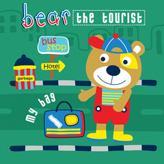 Playful cartoon bear tourist waiting at a bus stop with a travel bag in the city. Children's travel concept
