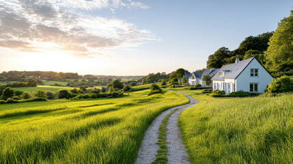 peaceful rural village with green fields and winding path at sunset