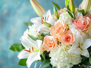 a delicate floral bouquet featuring white lilies and peach roses arranged beautifully against a soft blue background creating a romantic feel  © alexandr