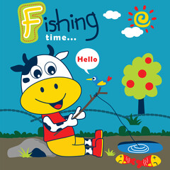Playful cartoon cow fishing by the river with a bird and colorful fish under the sunny sky. Children's outdoor activity concept
