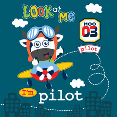 Playful cartoon cow flying an airplane above the city with clouds and buildings. Children's aviation adventure concept
