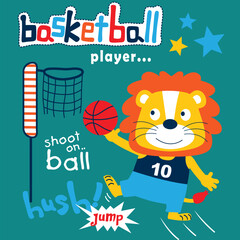 Obraz premium Playful cartoon lion playing basketball and jumping to shoot the ball into the hoop. Children's sports concept 