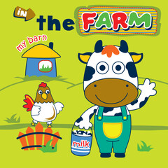 Playful cartoon cow holding a milk can on the farm with a chicken and barn. Children's farming concept
