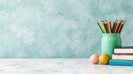Obraz premium Colorful pencils, books, and eggs on desk, teal background; education concept