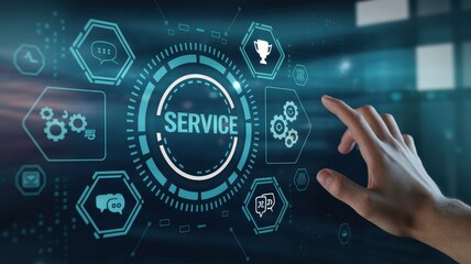 Hand interacts with a digital interface showing the word service