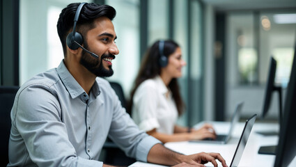 Indian Customer Service Agent Using Laptop for Remote Tech Support Assistance