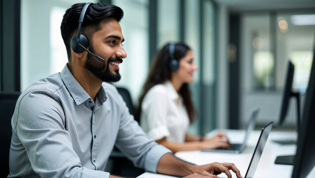 Indian Customer Service Agent Using Laptop for Remote Tech Support Assistance