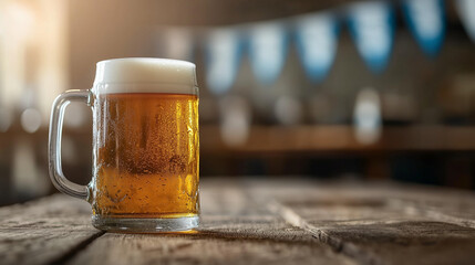 Frosty beer mug with condensation in rustic style on wooden surface against festive backdrop