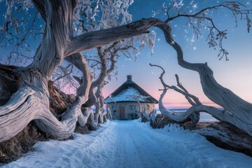 Thatched Cottage framed by Bare Trees under Starry Sky, dreamy, dusk, winter scene